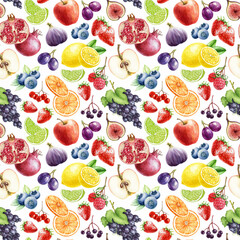 Fresh fruit and berries seamless pattern on white background. Bright fruits with berry mix watercolor illustration. Hand drawn apple, strawberry, blueberry, lime, lemon, grapes seamless pattern