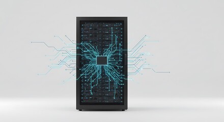 Modern Server Rack with Abstract Circuit Board Overlay: Data Center Technology