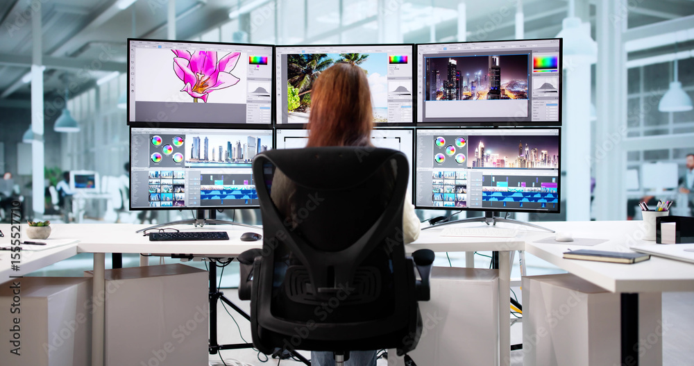Poster woman sitting at desk, creating graphics for web