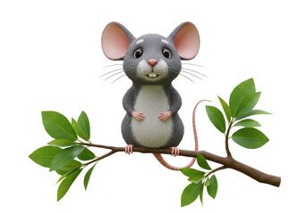 Isolated Cute Cartoon Mouse on a Branch Smiling