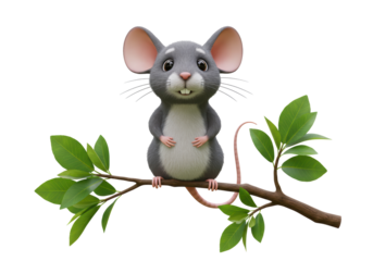 Isolated Cute Cartoon Mouse on a Branch Smiling