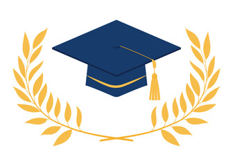 Graduation cap and laurel branches. Symbols of academic achievement, graduation ceremonies. Vector design elements isolated on white background. 
