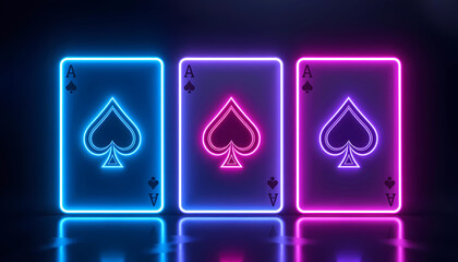 Three ace of spades cards with neon outlines in blue pink and purple on a dark reflective surface