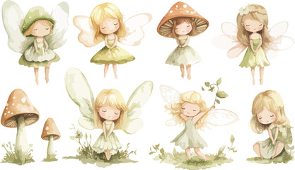 Watercolor Illustration of Cute Fairy Girls and Mushrooms on White Background