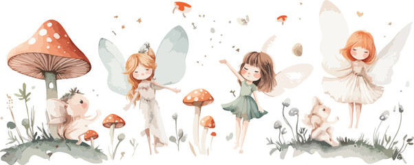 Watercolor Illustration of Fairies Squirrels and Mushrooms in a Forest Scene
