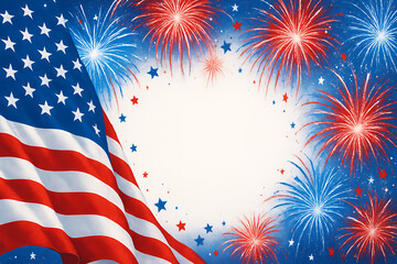 Obraz premium Vibrant american flag and festive fireworks background, perfect for celebrating usa independence day and the fourth of july