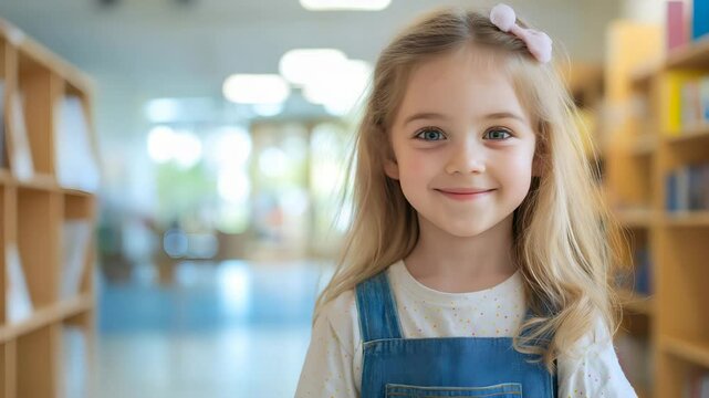 Young girl explores a vibrant library filled with books and learning opportunities during a sunny day
