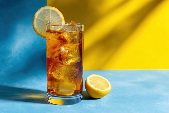 A tall glass filled with ice tea garnished with a lemon slice A halfcut lemon rests on a twotoned blue and yellow surface