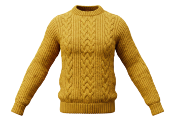 Isolated Mustard Yellow Cable Knit Sweater with Long Sleeves
