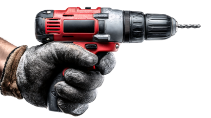 hand holding a power drill on transparent background PNG