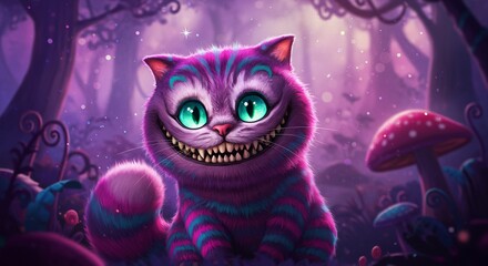 Strange Cheshire Cat in a Magical Purple Forest with Glowing Eyes