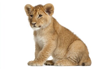 Obraz premium A tan lion cub sits against a white background looking to the left