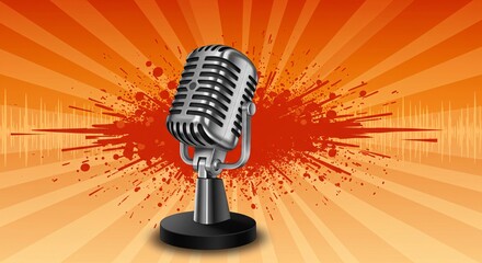 Retro microphone illustration on orange burst background for podcasting and recording