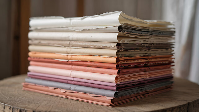 The stack of handmade papers features a natural, artisanal look with a warm, earthy gradient of colors from plum and gray to soft pink, peach, beige, and terracotta shades.