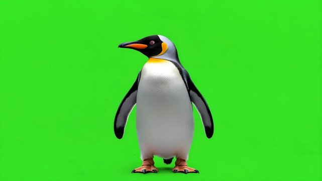 Cute penguin dances joyfully on a bright green background showcasing animal playfulness and vibrant colors in a fun animation