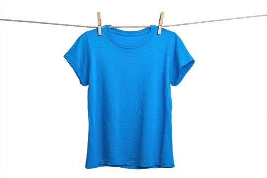 Blue tshirt hangs from clothesline with wooden clothespins against a white background - Powered by Adobe
