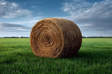 Single round hay bale resting in a lush green field under a cloudy sky