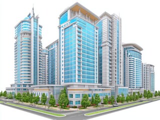 Modern Cityscape Isometric View Glass Skyscrapers and Green Spaces