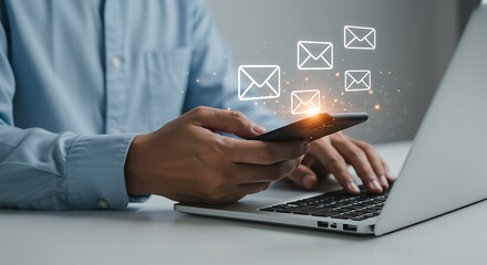 Close up hand touch smartphone with message or email alert sign icon pop up. It can use for Efficient Email Management Mobile & Laptop Integration for Seamless Communication phto concept