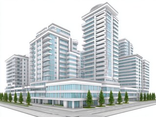 Modern White and Light Blue Highrise Cityscape Isometric Pixel Art