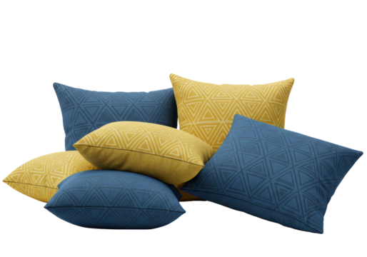 Isolated Pile of Decorative Throw Pillows in Blue and Yellow