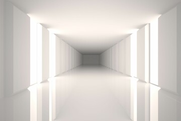 Rendering long minimalist corridor in 3D design, highlighting glossy floor and illuminated pillars