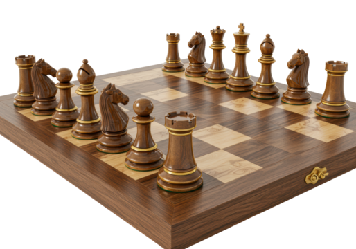 Isolated Wooden Chess Set with Pieces Arranged for Gameplay