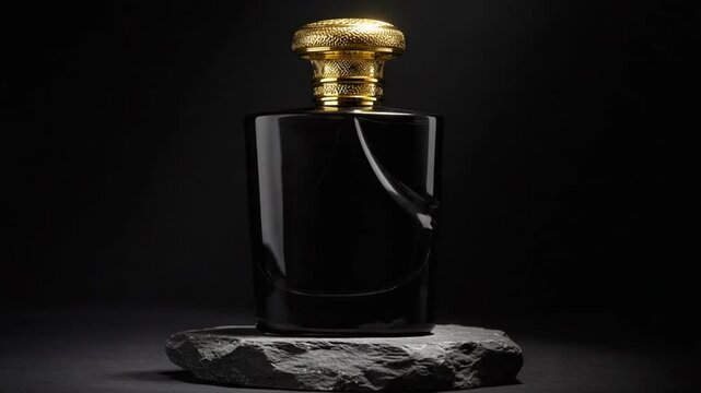 Elegant black perfume bottle with gold cap displayed on stone surface in dark studio setting