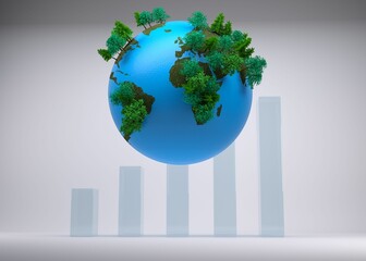 3D rendered blue Earth globe with green tree clusters is floating above translucent ascending bars