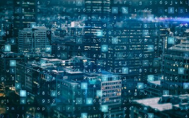 Digitally generated against cityscape
