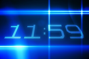 flat vector glowing blue LED grid displaying 11:59 with crossing light streaks creating lens flares