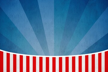 Flat vector design showing textured radial blue rays fanning out over curved red white stripe band