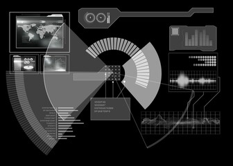 Segmented radial gauge chart is overlaying dark digital interface showing world map and code panel