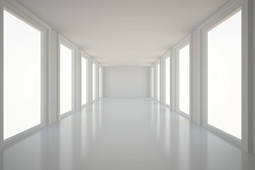 Minimalist flat design corridor is showing empty hallway with reflective floor and rows of windows