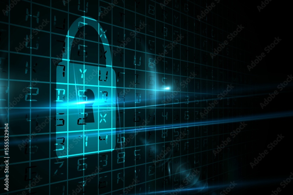 Poster flat design padlock icon is glowing over code grid while light streaks are indicating encryption