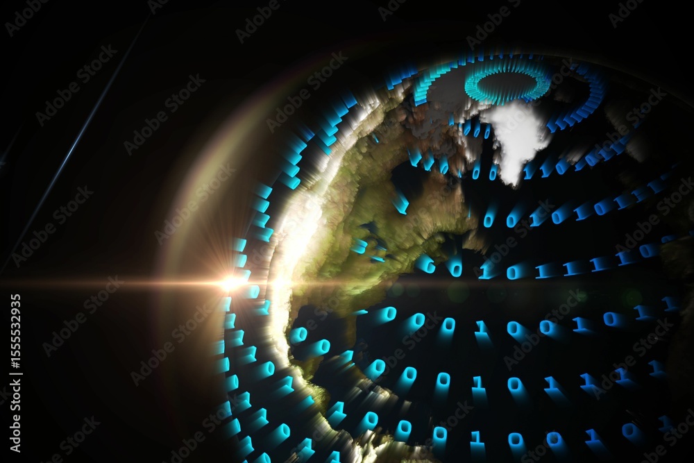 Poster digital 3d render showing planet earth orbiting in space, with glowing blue binary code overlay