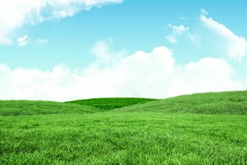 Flat vector art is showing rolling green hills and fluffy clouds under sunny sky, copy space
