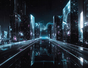 都市がプログラムコードによって構成されており、建築物はアルゴリズムで生成された正多面体。グリッチによってコードが漏洩し、ネットワークノードが建物として浮かぶ都市景観