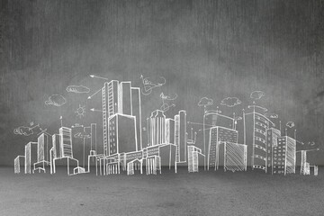 Urban skyline sketch showing chalk-like white-line with arrows, clouds, sun on rough concrete wall
