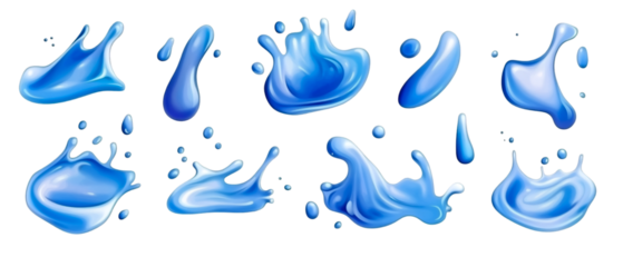 Illustrative water splashes of clear blue liquid on a dark backdrop creating dynamic movement and a sense of refreshment, ideal for graphic design, transparent background
