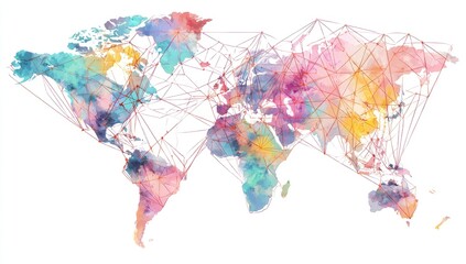 World map with watercolor effect and interconnected dots
