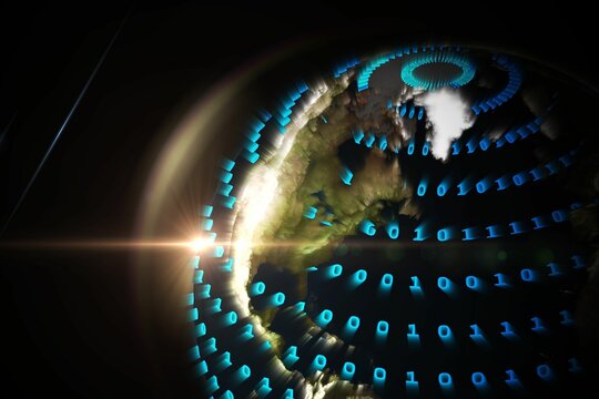 Fototapeta Digital 3D render showing planet Earth orbiting in space, with glowing blue binary code overlay