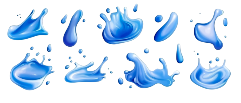 Illustrative water splashes of clear blue liquid on a dark backdrop creating dynamic movement and a sense of refreshment, ideal for graphic design, transparent background