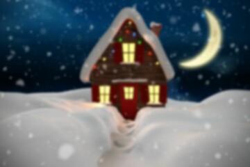 Flat design wooden cabin is glowing under snowfall, with snowy roof, colored lights, crescent moon