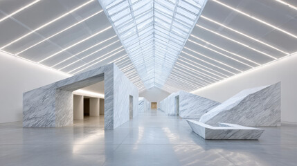 Obraz premium Modern Gallery Art Interior with White Marble and Walls Floor concept. Sleek white minimalist gallery with marble structures under bright linear ceiling lights