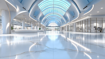 Modern Gallery Art Interior with White Marble and Walls Floor concept. Spacious modern gallery interior with arched skylight, glossy floor, and elegant white columns