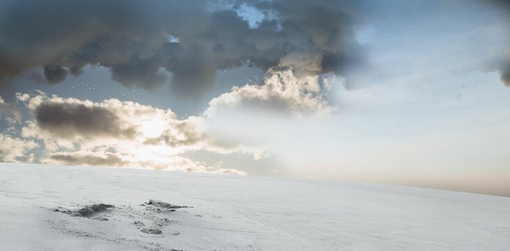 Fototapeta Snow-covered plain with footprints is stretching under dramatic clouds in flat design