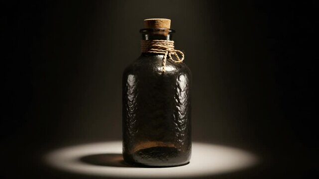 Dark glass bottle with cork stopper and twine in spotlight on black background