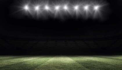 Fototapeta premium Flat design illustration showing illuminated grass football pitch under bright floodlights at night
