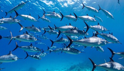 Obraz premium Swordfish ( Xiphias gladius, or broadbills ) schooling together as an underwater background tile for use as a repeating art pattern design.